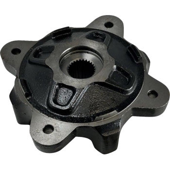 A close-up of the Polaris Wheel Hub Front by Moose Offroad, featuring a black and silver metal body, a central splined hole, and three evenly spaced mounting holes around its edge.