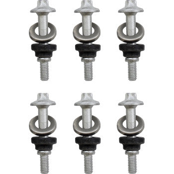 Six Can Am Clutch Cover Screws by Moose Offroad are arranged in two rows of three, each with a washer, lock washer, and black rubber gasket that meet OE quality standards. The background is plain white.