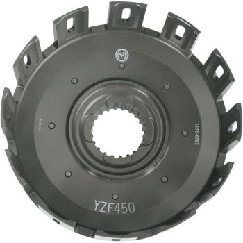 Close-up of the Yamaha Clutch Basket by Moose Offroad: a black, hard-anodized billet aluminum motorcycle part with evenly spaced edge slots, splined center hole, and engraved numbers for enhanced clutch performance.