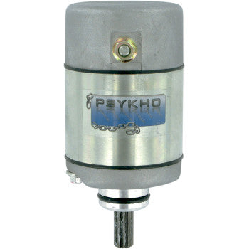 The Starter by Psykho is a cylindrical electric motor with a metallic finish, visible top mounting bolt, and bottom shaft—perfect as an OEM replacement or for installation in new starter assemblies.
