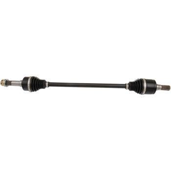 The CF Moto Z Force Yamaha YX Axle X-Treme Heavy Duty Long Travel Rear Left & Right by Demon is a black, durable chromoly steel drive shaft with metal ends and rubber boots at both CV joints, shown on a white background.