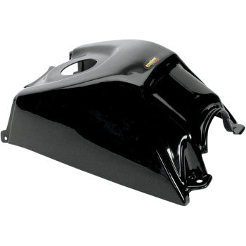 The Yamaha Blaster Gas Tank Cover Black by Maier is a glossy black cover made from high-density polyethylene, featuring mounting holes and cap opening, designed to fit Yamaha Blaster motorcycles and match OEM Maier bodywork.