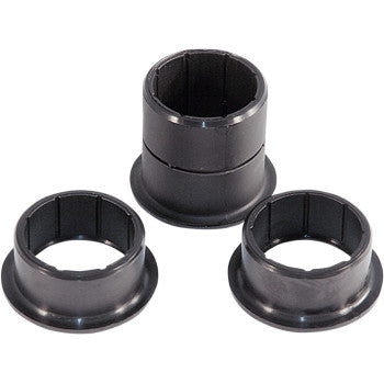 Three cylindrical black plastic bushings with flanged edges from the Rear Swingarm Bushing Kit by Epi are displayed on a white background—two lying flat and one standing upright—showcasing OEM quality replacement parts.