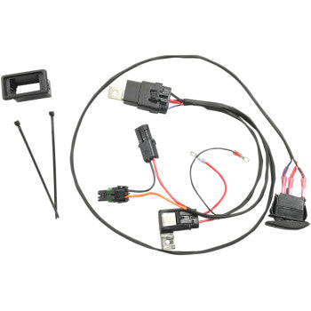 Switch Polaris Fan Override by Namz features black connectors, red and black wires, sealed relay for electric coolant fan use, two zip ties, and mounting bracket—engineered for easy plug-and-play installation. Shown on a white background.