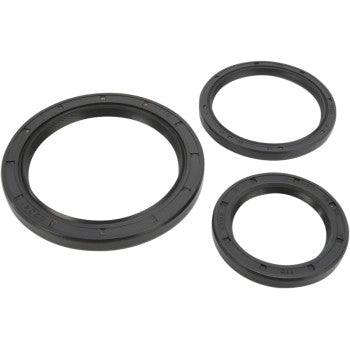 Three black rubber seals of varying sizes from the Yamaha Differential Seal Kit Rear by Moose Offroad are arranged on a plain white background, designed for use in machinery and automotive differential repairs.