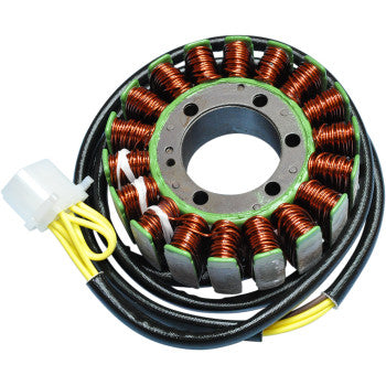 The Stator by Rick's Motorsport Electric is a circular metal stator with multiple copper coils, black and yellow wires, and an OEM-style plug end for easy direct plug-in compatibility.