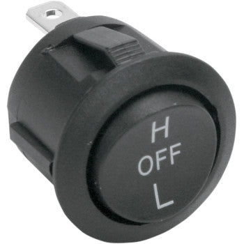 Black round rocker switch with white H, OFF, and L lettering, plastic housing, metal terminals.