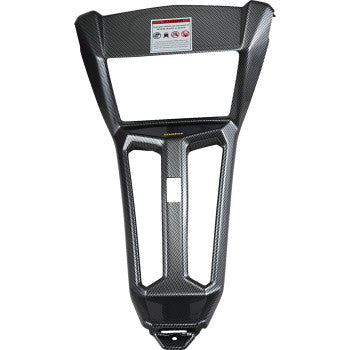 The Front Console Black Dash Carbon by Maier is a high-density polyethylene motorcycle cover with a carbon fiber pattern, angular design details, a rectangular top cutout, and a warning label.