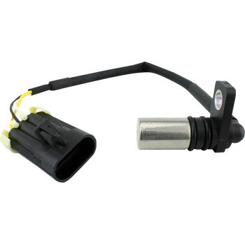 The Polaris Crank Position Sensor by Moose Offroad features a black connector, short wiring harness, and cylindrical metal tip to accurately monitor the crankshaft's position in automotive engines.