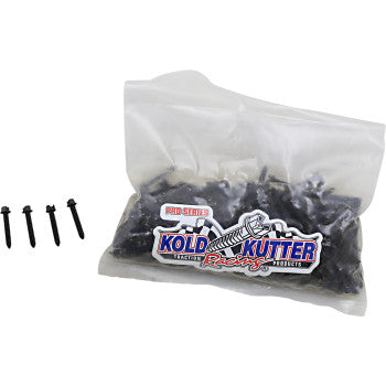 A clear plastic bag labeled AMA Traction Screws #10 24 x 1-1/8 250 Pack by Kold Kutter contains multiple black screws, with four individual screws displayed outside the bag on the left.