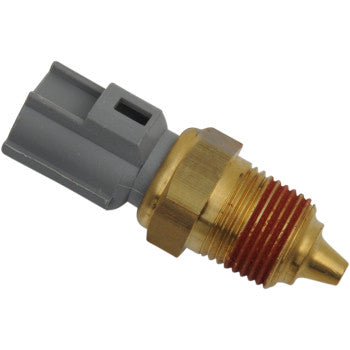 The Polaris Electric Fuel Injection Water Temperature Sensor by Quad Logic features a brass and gray threaded body, hex nut, and plastic connector, serving as an easy-to-install OEM replacement for temperature measurement in vehicles.