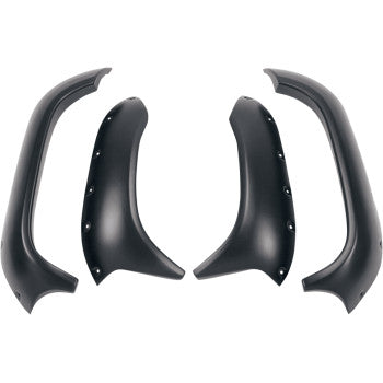 A set of four Yamaha Fender Flares Textured Black by Maier, made from high-density polypropylene with a textured finish and visible rivet-style details, arranged in pairs and displayed against a white background.