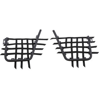 Black metal nerf bars with integrated foot guards and mounting brackets for Honda TRX ATV.