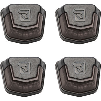 Set of four black and dark gray angular plastic Polaris Ranger XD trunk bed lights with embossed logo on each light's.