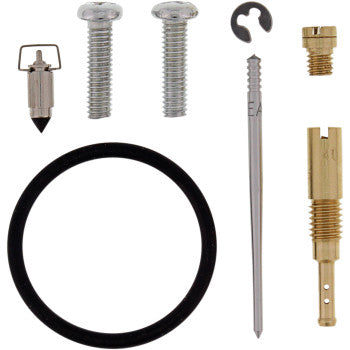 The Arctic Cat Carburetor Repair Kit by Moose Offroad includes two screws, a metal pin, an NBR O-ring, a needle, a clip, and two brass fittings, all arranged on a white background.