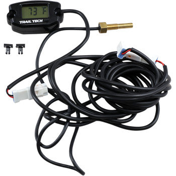 The Trail Tech CVT Belt Temperature Sensor kit for ATV or UTV includes a digital display (showing 73°F), a long black sensor cable, brass probe, white connectors, and two mounting clips—displayed on a white background.