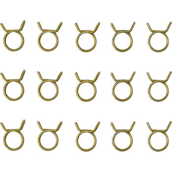 Fifteen Helix 7/16 self-tensioning double wire hose clamps are arranged in three rows of five against a white background. Each gold-colored clamp from this 15 pack features two top tabs and a spring design for secure fit.