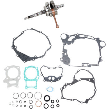 The Honda Crankshaft Kit OE Crankshaft Replacement by Hot Rods is shown with engine gaskets, O-rings, seals, a crankshaft, and a Hot Rods connecting rod assembly neatly arranged on a white background.
