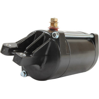 The Starter Motor by Parts Unlimited is a black cylindrical unit with mounting brackets and a brass terminal bolt on top, built to OEM specs for engines in motorcycles, ATVs, or small vehicles.