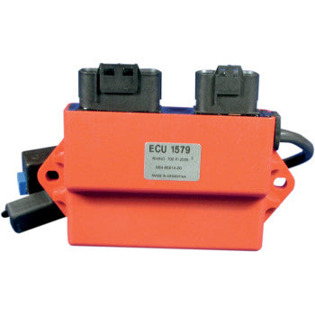 Orange rectangular ECU module with two black connector ports and wiring harness attached.