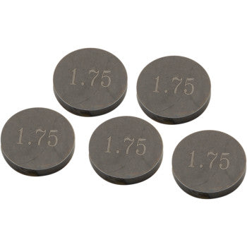 Five round dark gray metal valve shims engraved with "1.75," flat and uniform in size.