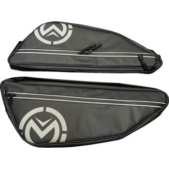Two black Honda Talon Lower Door Bags by Moose Offroad, each with a white circular logo and diagonal zippers, made from water-repellent fabric, are shown side by side on a white background.