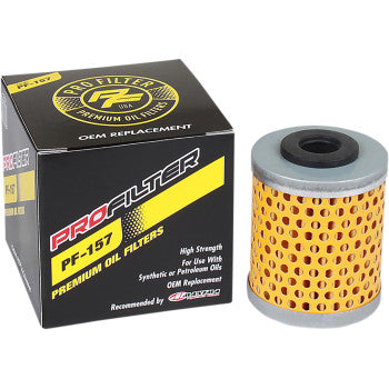 A Replacement Oil Filter by Pro Filter is displayed beside its black and yellow box, marked for synthetic or petroleum oils as an OEM replacement.