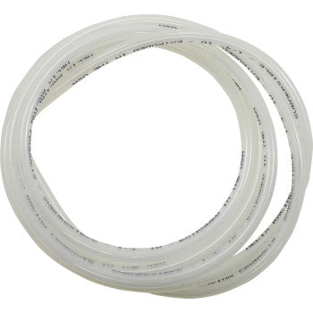 The Helix Submersible Fuel Line 1/4" x 10' is a coiled, clear semi-rigid tube with black printed text, known for excellent chemical resistance, shown in a loose circle on a plain white background.