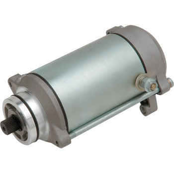 Silver cylindrical Kawasaki starter motor with metal mounting brackets and electrical connection points.