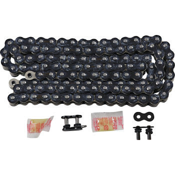 The 520 Max X Chain 120 Links Black & Chrome by RK features a coiled metal design, connector and master links, sealed RX-ring chain technology, two lubricant packets, and small metal parts—all shown on a white background.