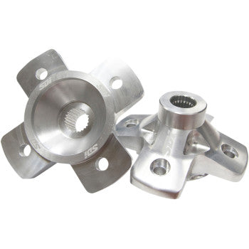 The Polaris RZR Wheel Hub Heavy Duty Rear by Sdi features two silver metal hubs with four flanges and central splined holes, engineered for strength and lightweight performance, ideal for mechanical or automotive use, displayed on a white background.