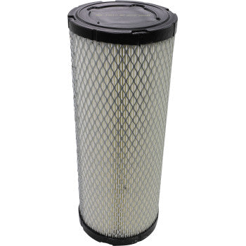 Cylindrical air filter with black plastic end caps and metal mesh exterior, white filter media inside.