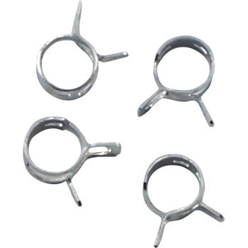 Four silver band wire clamps from the Wire Clamp Refill Kit 4 Pack by All Balls are displayed on a white background. Each OEM-style clamp features two protruding tabs, ideal for tightening hoses or pipes.