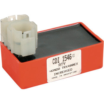 The Honda Hot Shot CDI Box by Rick's Motorsport Electric is a red and black unit with a white connector for the TRX400EX. It features an improved ignition advance curve for a higher rpm redline. Made in Argentina.