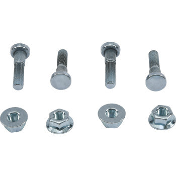The Kawasaki Brute Force Wheel Stud Nut Kit Front & Rear by Moose Offroad includes four metal wheel studs, each with a matching hex nut and washer, featuring partially threaded shafts and round heads—perfect for automotive rebuilds.