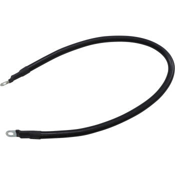 The Battery Cable 18" Black by Moose Offroad features 6 gauge stranded copper wire with metal ring terminals on both ends, curved in an arc and isolated on a white background—ideal for UTV battery connections.