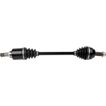 The Honda Pioneer Axle Kit Complete Standard Rear Left 1000 Limited Edition by Moose Offroad is shown horizontally on a white background, featuring black chrome-moly steel, rubber boots, and precision-ground ends.