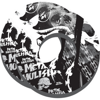 A pair of Grip Donuts Metal Mulisha White / Black by Factory Effex featuring black and white graffiti-style skulls, chains, and a stylized helmet—perfect for adding grip and bold style to your ride.