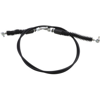 The Polaris UTV Shifter Cable by Moose Offroad is a black automotive cable assembly with stainless steel end fittings and rubber boots on both ends, coiled in a loop on a white background.