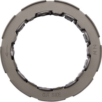 The Kawasaki Teryx Clutch Bearing One Way by Moose Offroad is a circular, gray plastic component with evenly spaced notches, marked OUT SIDE and MW, featuring an inner ring with metallic elements for engine braking.