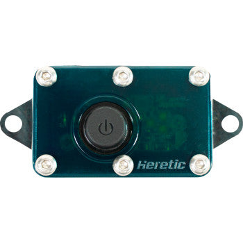 Rectangular Dome Light LED Green by Heretic for UTVs, featuring a central power button, six visible screws, two side mounting tabs, and "Heretic" printed on the lower right corner.