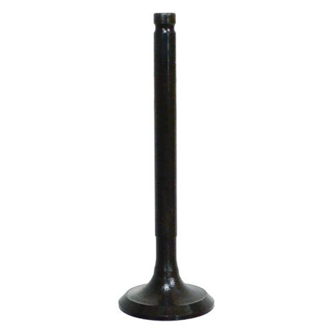 The Kawasaki KFX 90 Exhaust Valve by Bronco is a black metal valve with a long cylindrical stem and a flat, rounded base, shown standing vertically against a white background.