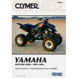 Cover of the Repair Manual Yamaha Raptor by Clymer, showing a black quad bike on cracked ground, with information on maintenance, troubleshooting, and repair for 2001–2005 models, presented in an easy-to-understand format to help you save money.