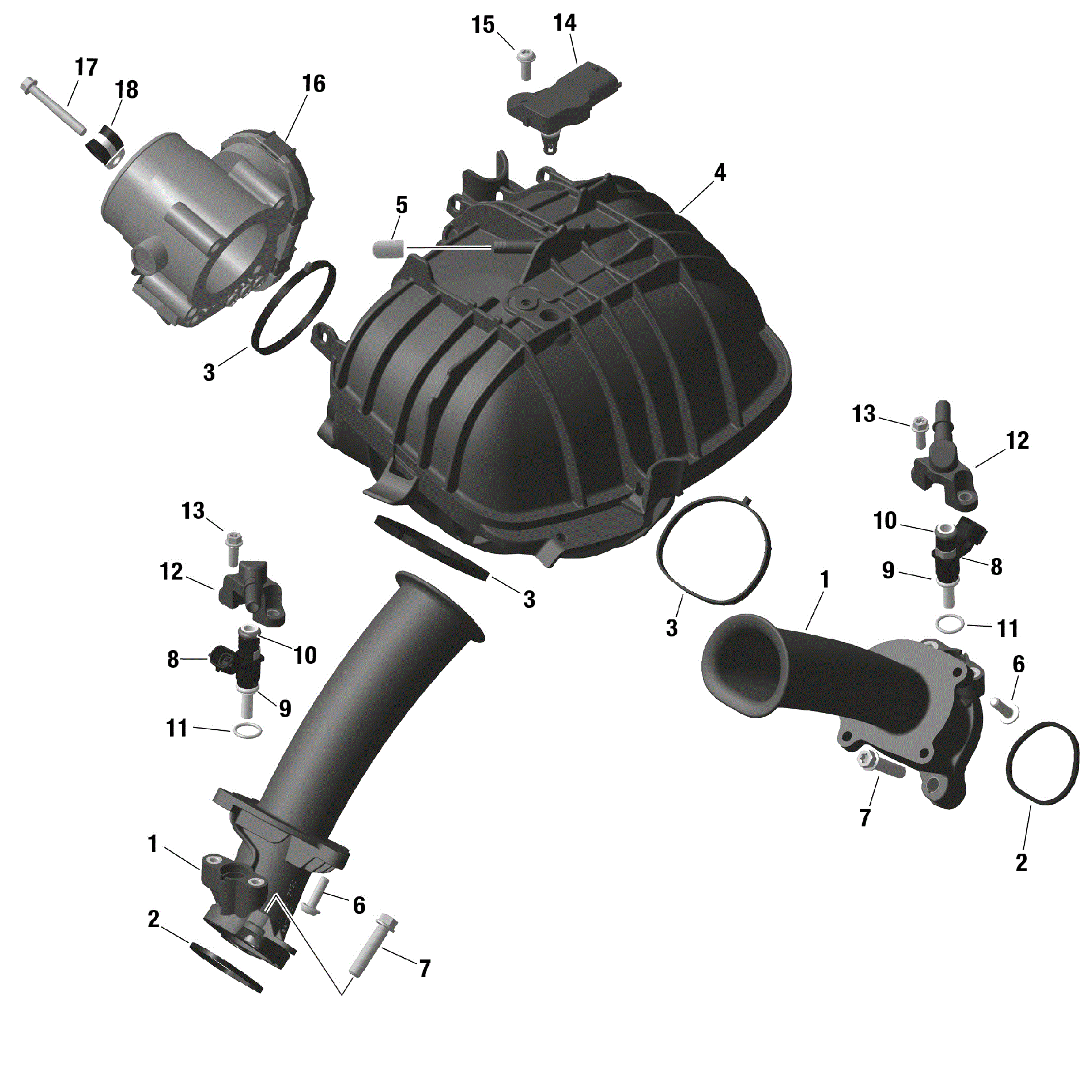 An Image of a Genuine Can-Am Parts Schematic Diagram showing the schematic - ROTAX - AIR INTAKE MANIFOLD AND THROTTLE BODY