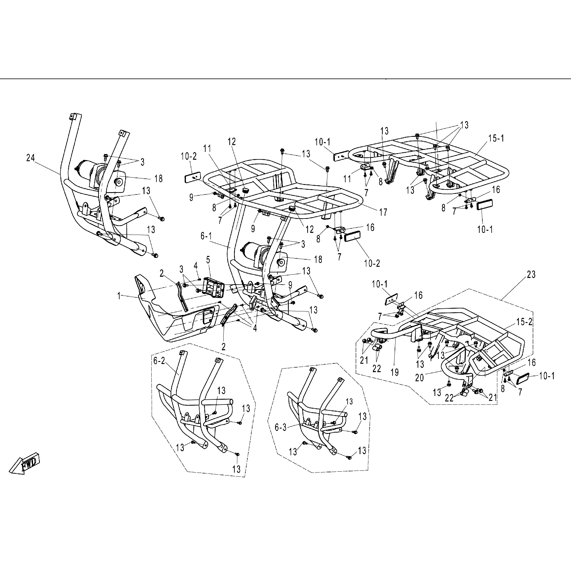 An Image of a genuine CFMOTO Parts Schematic Diagram showing the group - RACK& BUMPER - 2016 CFMOTO CFORCE 500 SWB