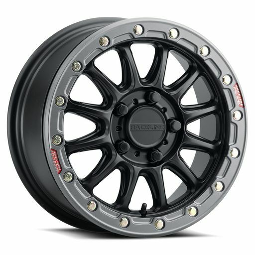 Black 15x7 ATV beadlock wheel with gunmetal outer ring and multi-spoke design.