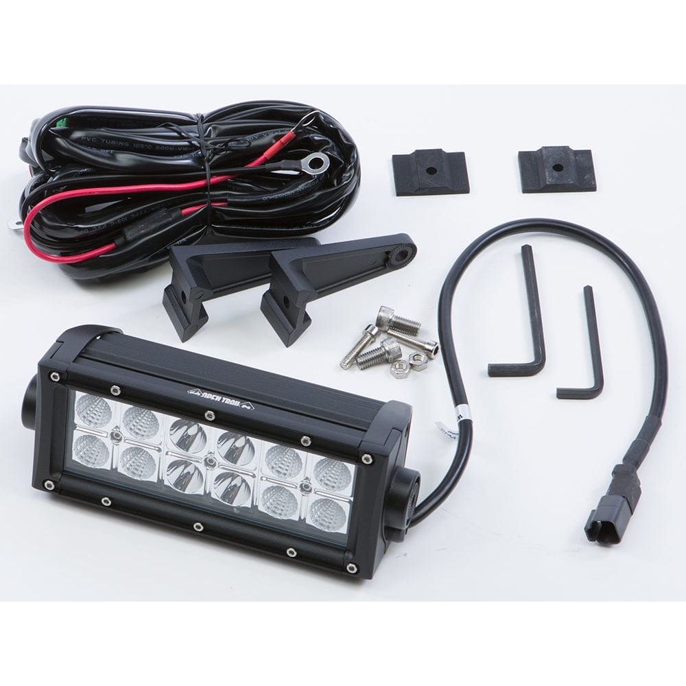 The Open Trail 7.5 LED Light Bar kit includes high-performance LEDs, a wiring harness, mounting brackets, screws, two hex keys, and adhesive pads—everything arranged on a white background.