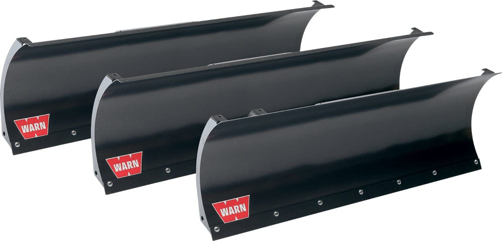 Three black ProVantage Snow Plow Blade 72 by Warn, made from 12-gauge steel with heavy-duty ribbing and WARN logos, are arranged in a staggered row against a white background.