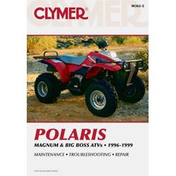Cover of the Repair Manual Polaris Magnum 4X4 ATV by Clymer shows a red Polaris ATV on dirt, with "POLARIS MAGNUM & BIG BOSS ATVs 1996-1999" and "Maintenance • Troubleshooting • Repair." Clear guides save you money over OEM manuals.