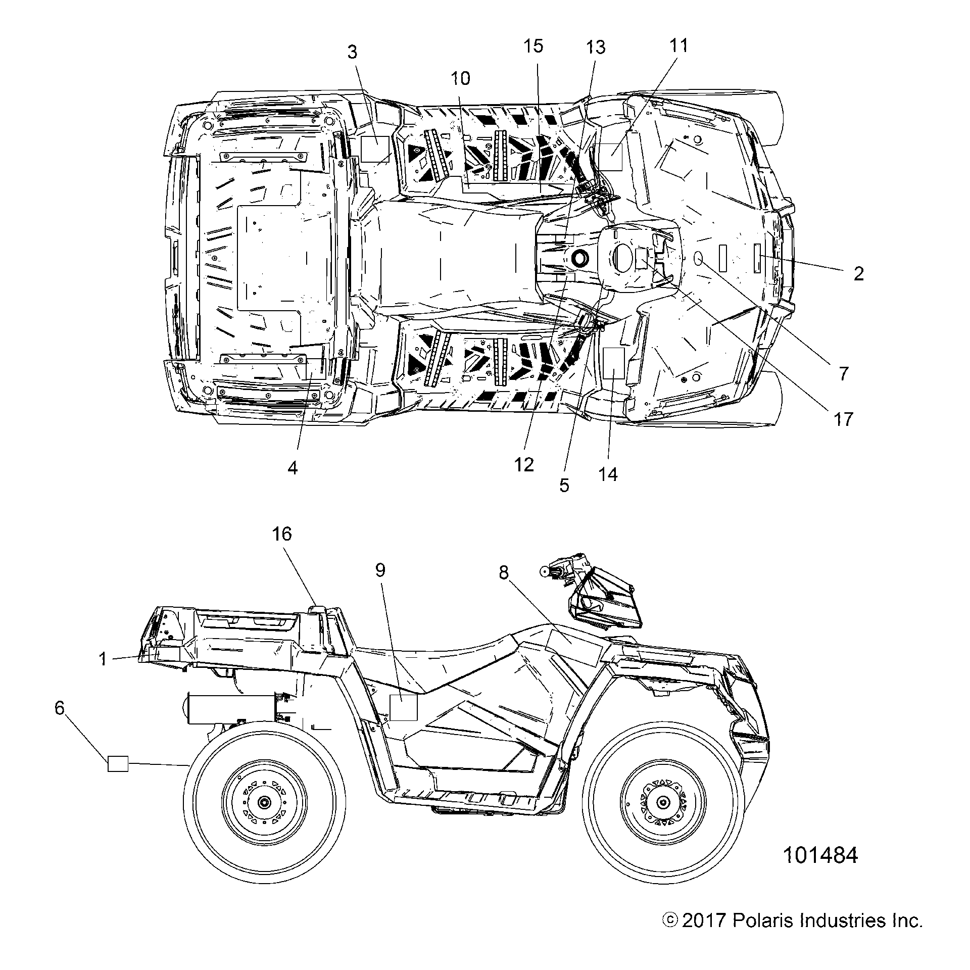 An Image of a Genuine Polaris Parts Schematic Diagram showing the schematic - BODY: DECALS - 2018 POLARIS SPORTSMAN 570 EFI UTE